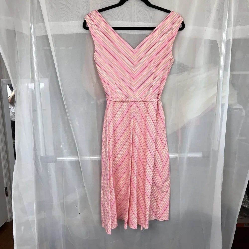 London Times striped midi dress size 4 waist tie preppy classic feminine pink - Picture 11 of 12